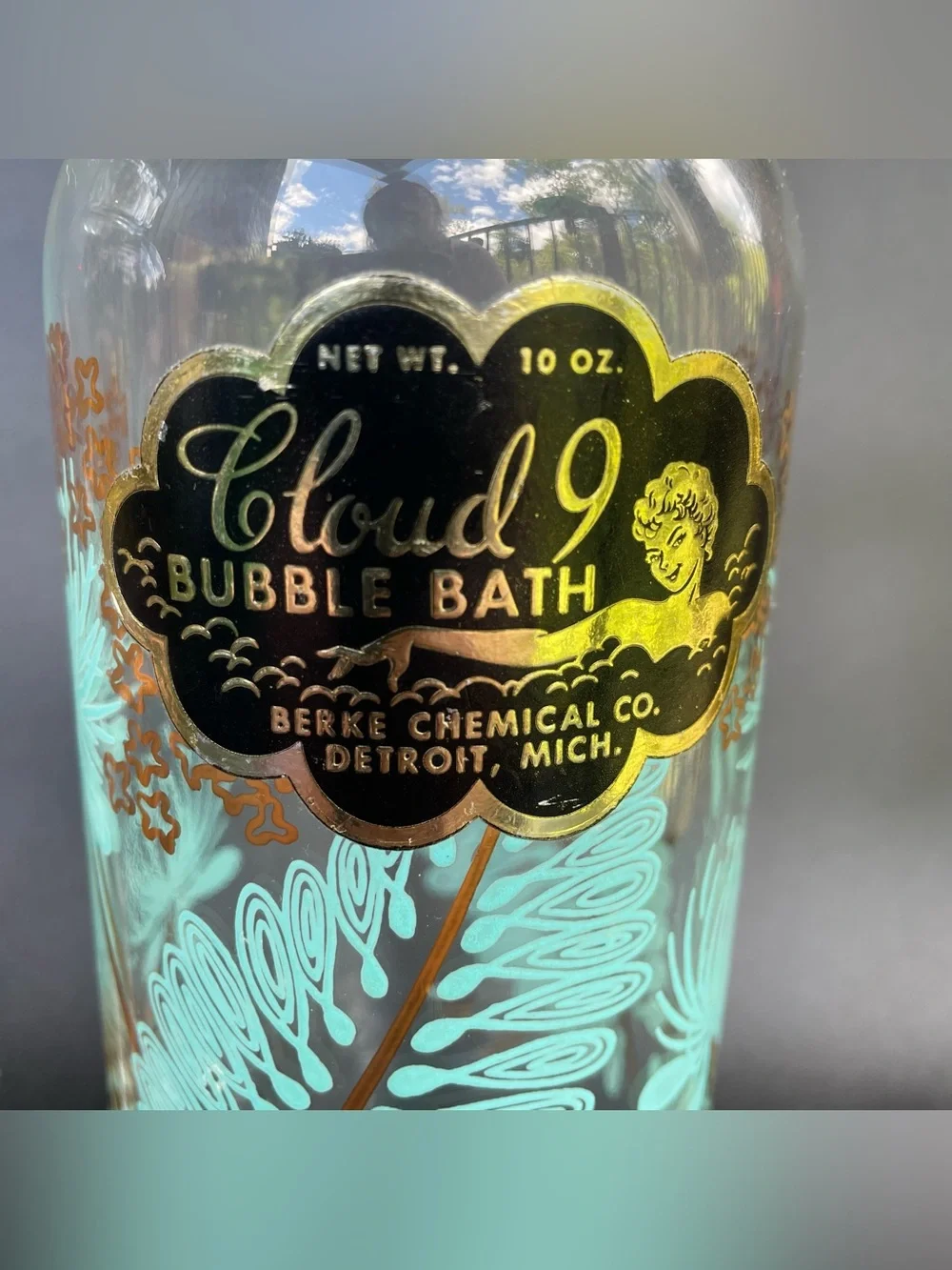 2 Vintage Glass Bubble Bath Bottles  Jars Pink Blue Gold Cloud 9 MCM Lids Labels